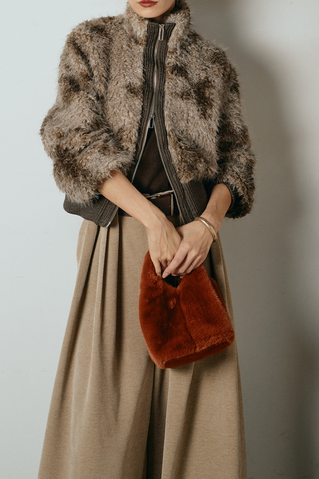 [SET]エコファースタンドカラーニュアンス柄ブルゾン+ベルトループコーデュロイワイドパンツ(2set)