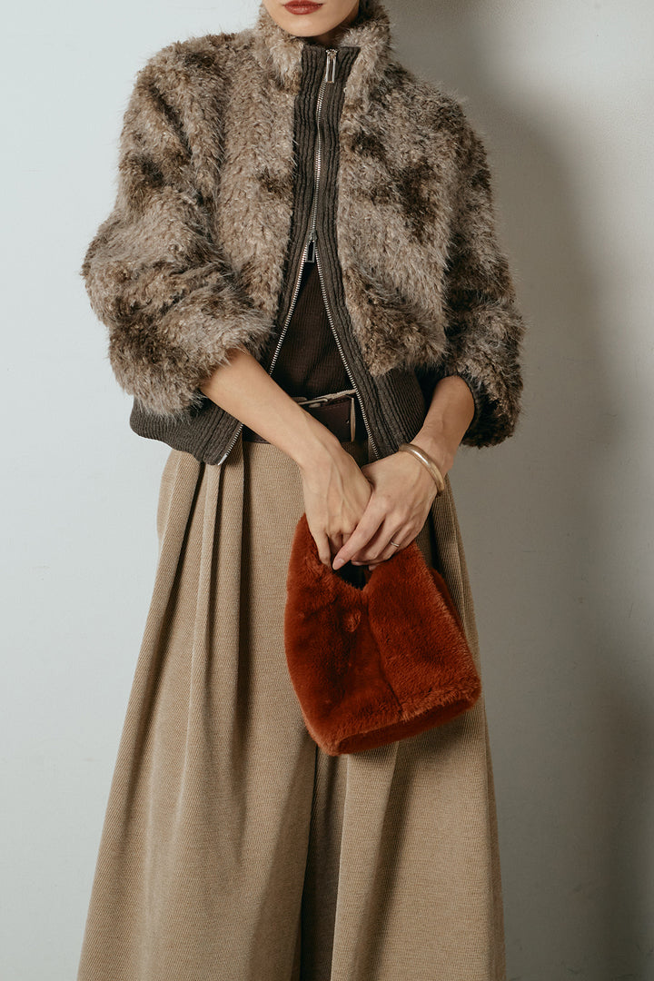 [SET]エコファースタンドカラーニュアンス柄ブルゾン+ベルトループコーデュロイワイドパンツ(2set)