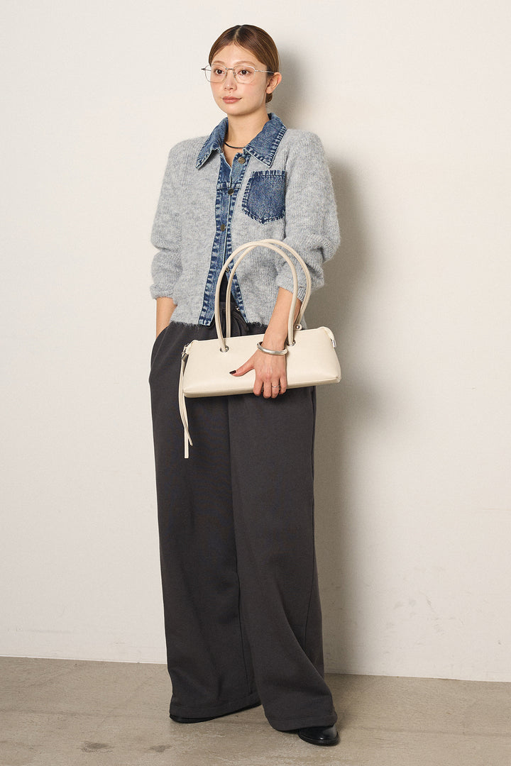 [SET]襟付きデニム切替ニットカーディガン+裏起毛スウェットワイドパンツ(2set)