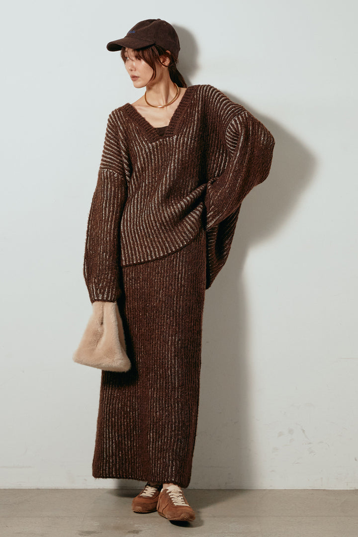 [SET]アルパカタッチ深Vニットトップス+アルパカタッチニットタイトスカート(2set)