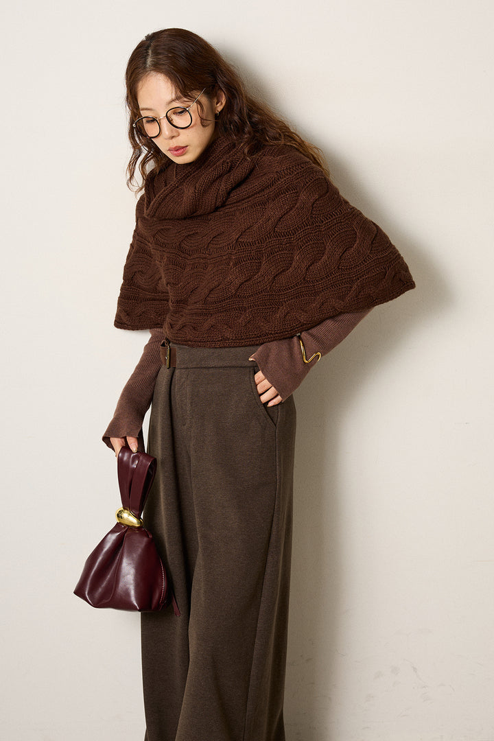 [SET]ケーブル編みケープレイヤードニット+サイドベルトパンツ(2set)