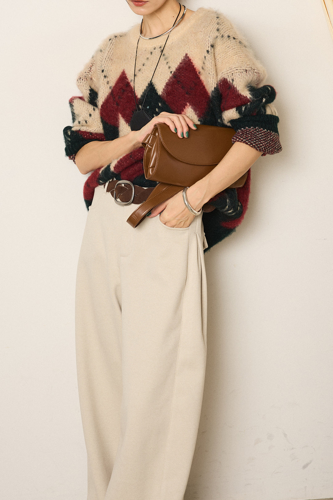 [SET]配色アーガイル柄ニットトップス+編みベルト付きワイドパンツ(2set)