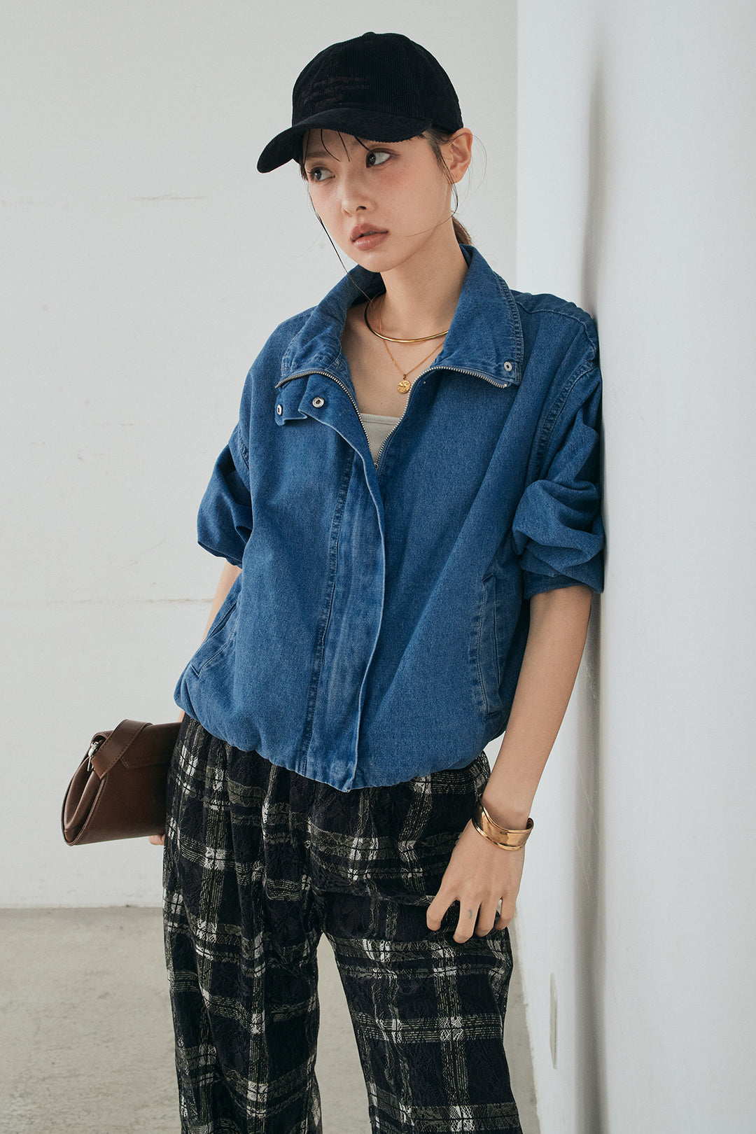 [SET]スタンドカラーデニムブルゾンジャケット+レースチェックワイドイージーパンツ(2set)