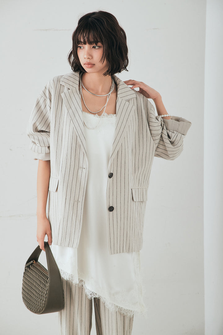 [SET]リネンライクストライプテーラードジャケット+リネンライクストライプタックイージーパンツ+サテンレースアシメキャミ(3set)