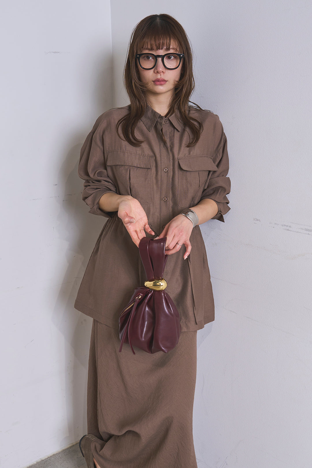 [SET]リネンブレンドシアーサファリシャツ+リネンブレンドロングナロースカート(2set)