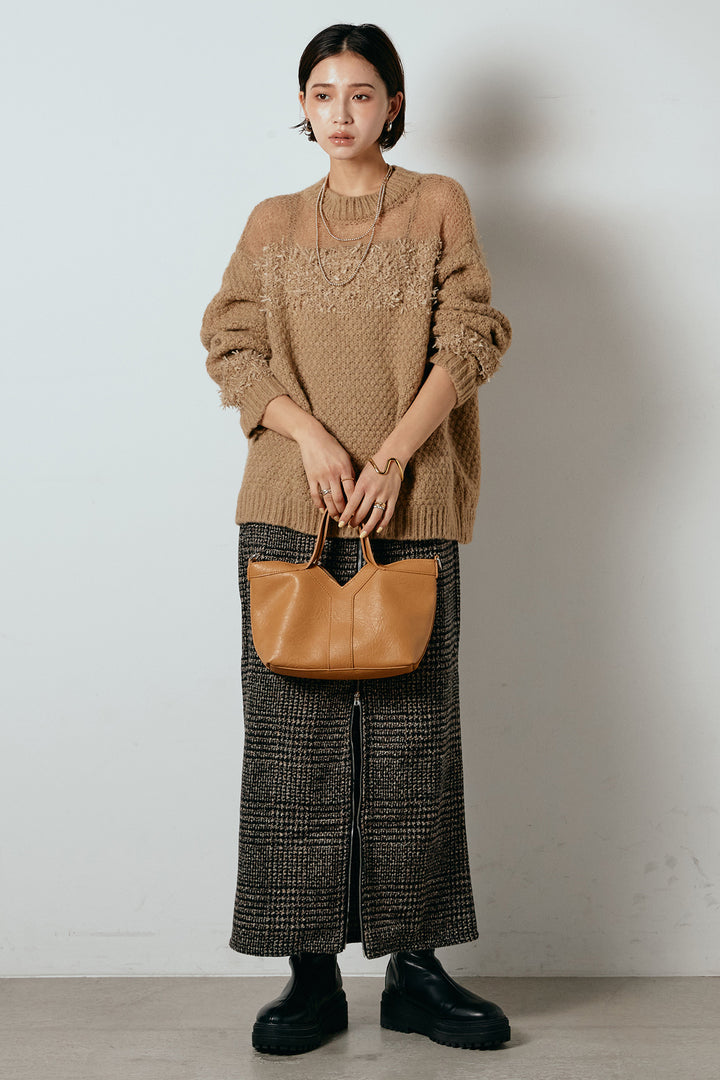 [SET]パターンランダム編みニットトップス+グレンチェック柄フロントジップタイトスカート(2set)