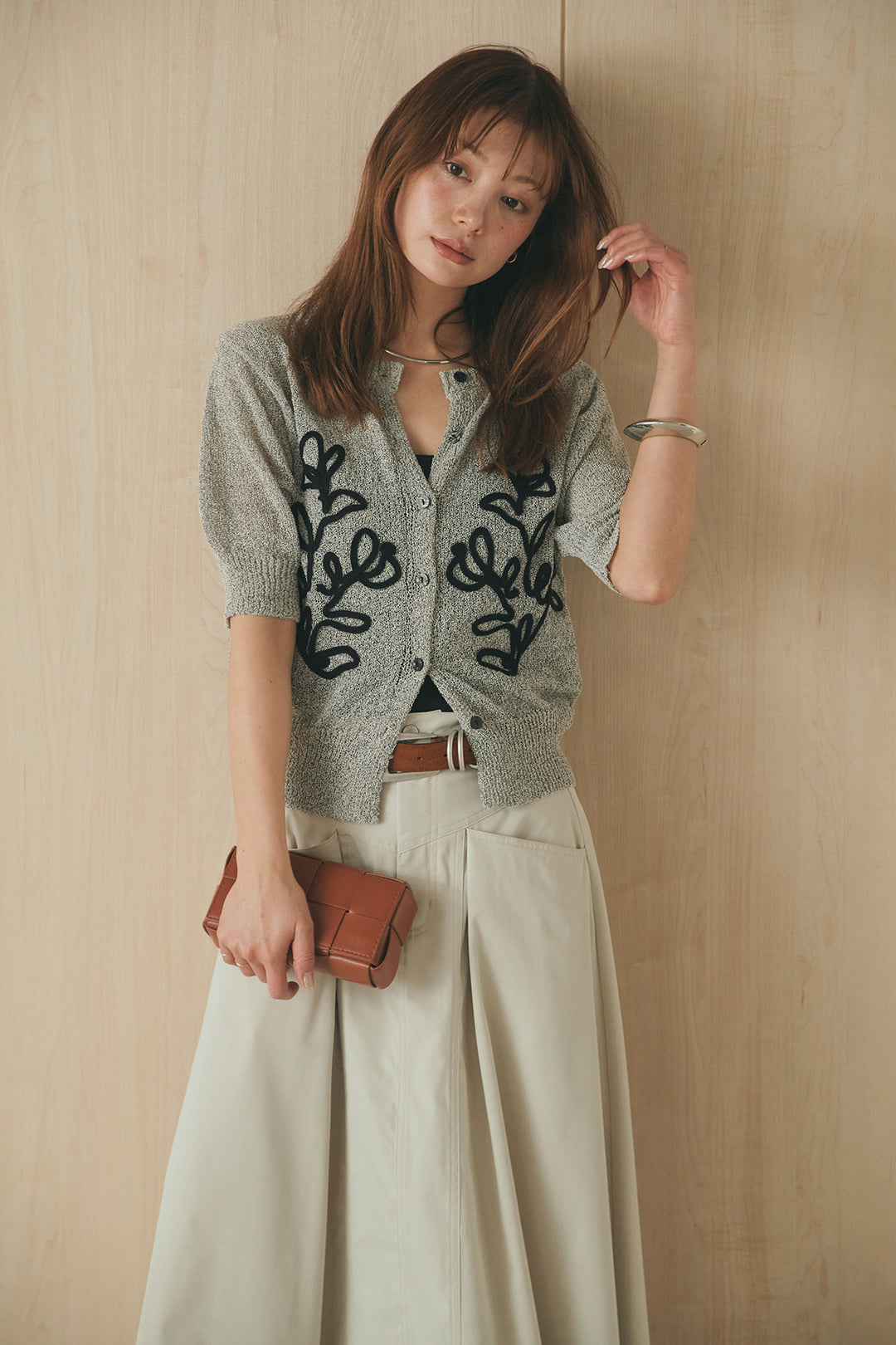 [SET]フロントテープデザイン半袖カーディガン+ミリタリーツイルタックフレアスカート(2set)