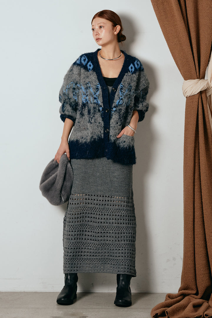 [SET]シャギーニュアンス柄ニットカーディガン+裾透かし編みキャミソールニットワンピース(2set)