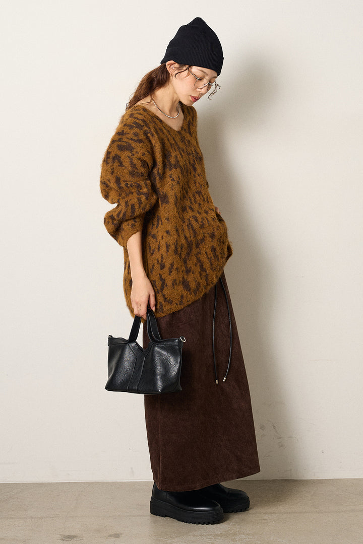 [SET]フラッフィーレオパードシャギーニット+ロープベルト付きスウェード調スカート(2set)