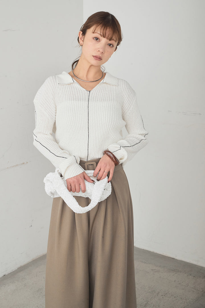 [SET]衿付きニットプルオーバー+ベルト付きツータックワイドパンツ(2set)