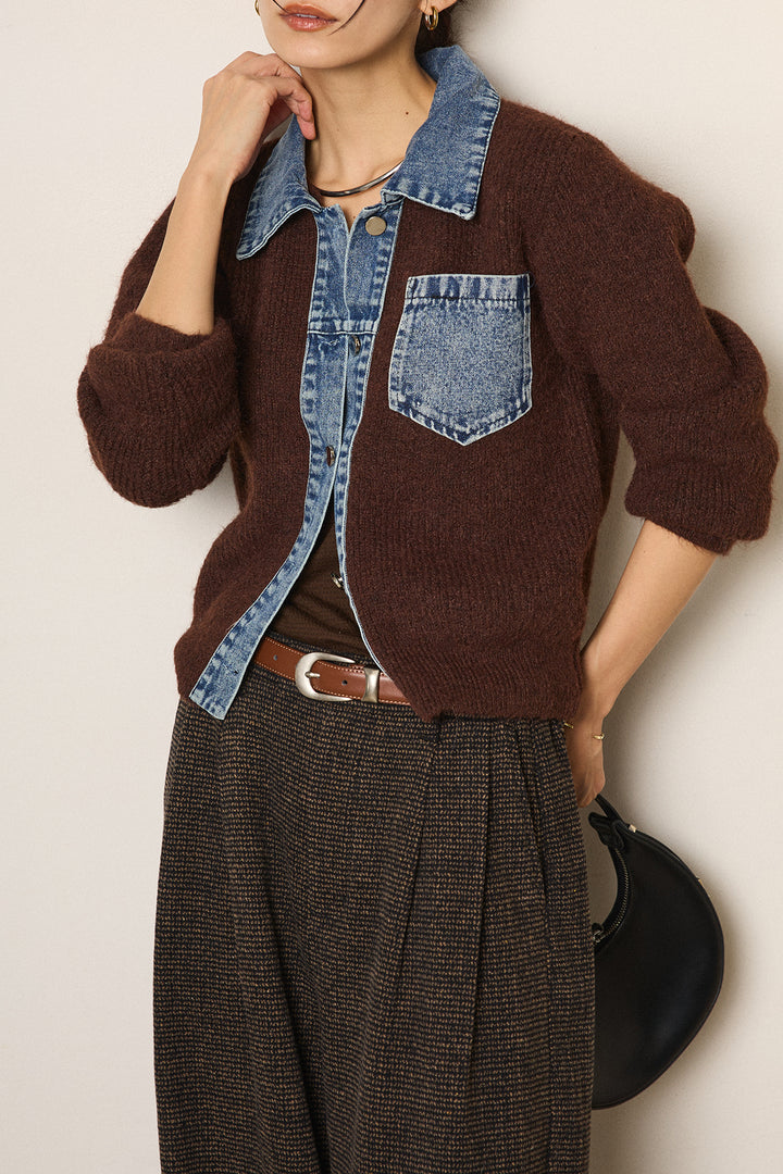 [SET]襟付きデニム切替ニットカーディガン+起毛タック入りツイードワイドパンツ(2set)