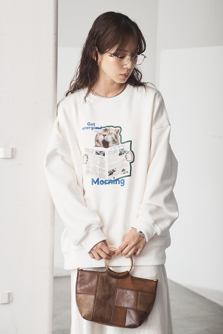 [SET]裏起毛モーニングキャットプリントスウェット+裾レースデザインサテンスカート(2set)