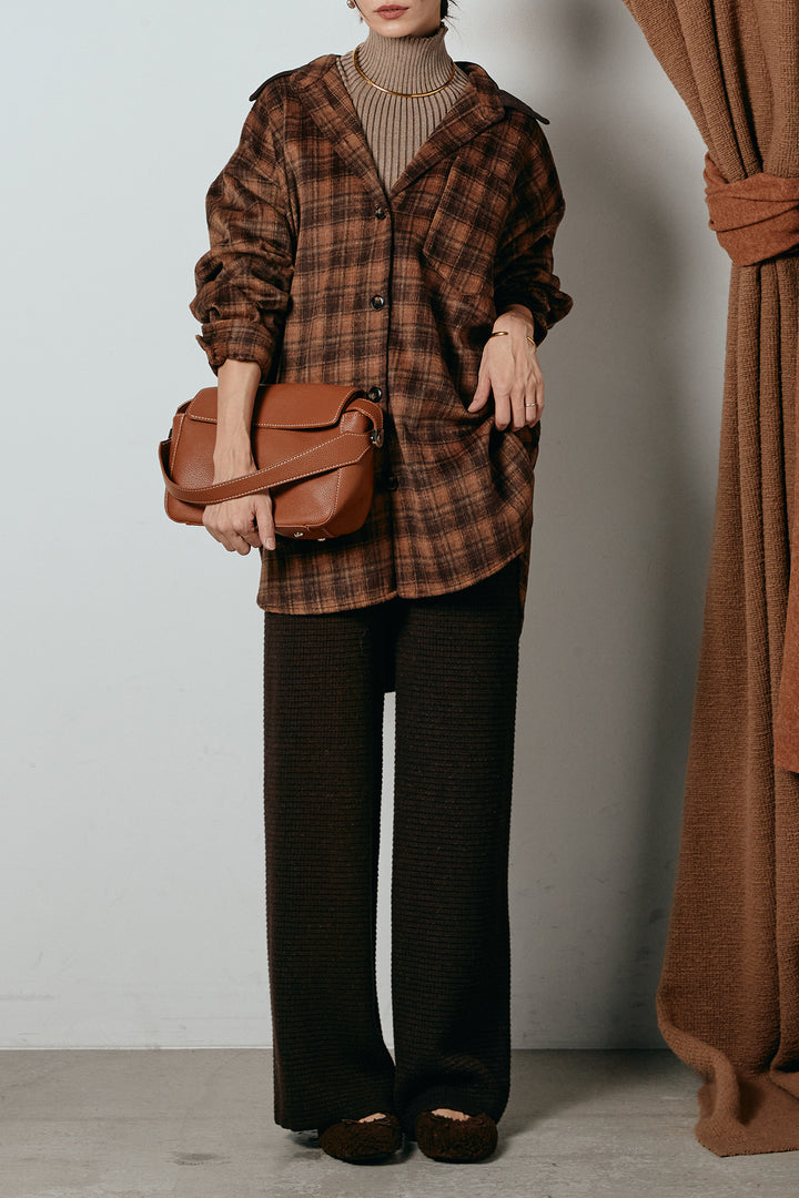 [SET]シャギーチェックシャツジャケット+ワイドリブニットイージーパンツ+リブニットシームレスタートルプルオーバー(3set)