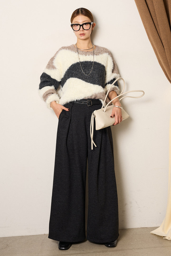 [SET]シャギーウェーブ柄クルーネックニットトップス+細ベルト付き起毛タックワイドパンツ(2set)