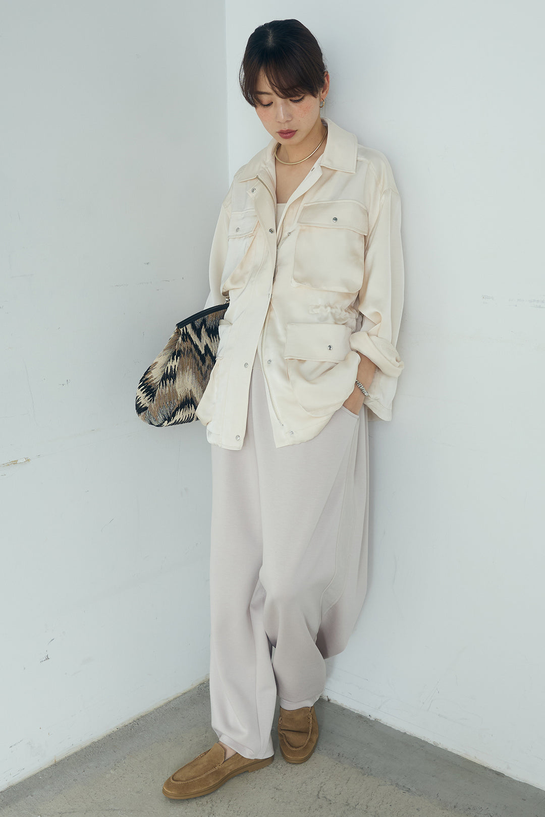 [SET]サテンライトブルゾン+異素材切り替えスウェットパンツ(2set)