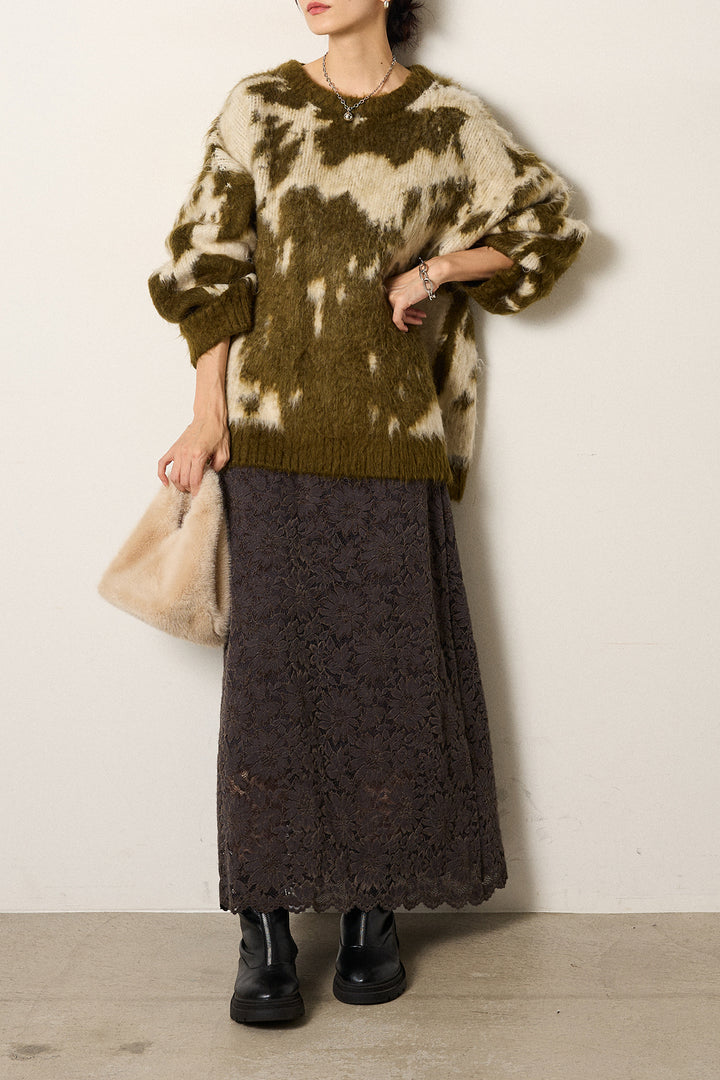 [SET]モヘアタッチマーブルニット+花柄刺繍ベロアフレアスカート(2set)