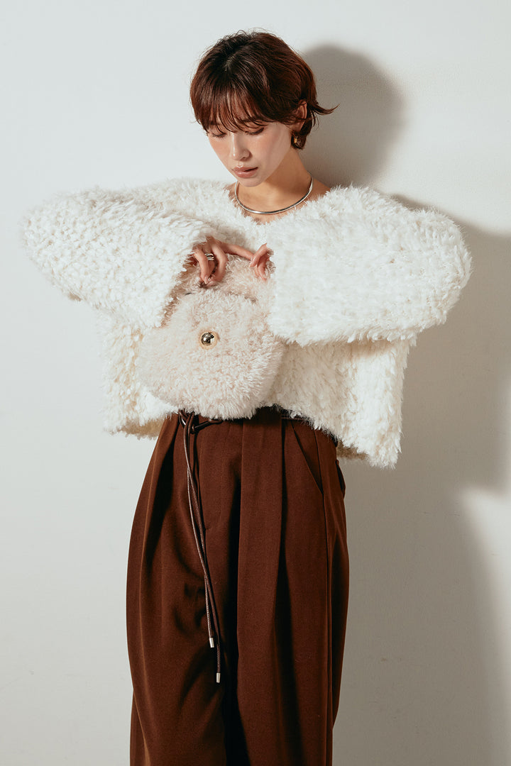 [SET]深Vネックチョウチョヤーンニットトップス+細フェイクレザーベルト付きワイドタックパンツ(2set)