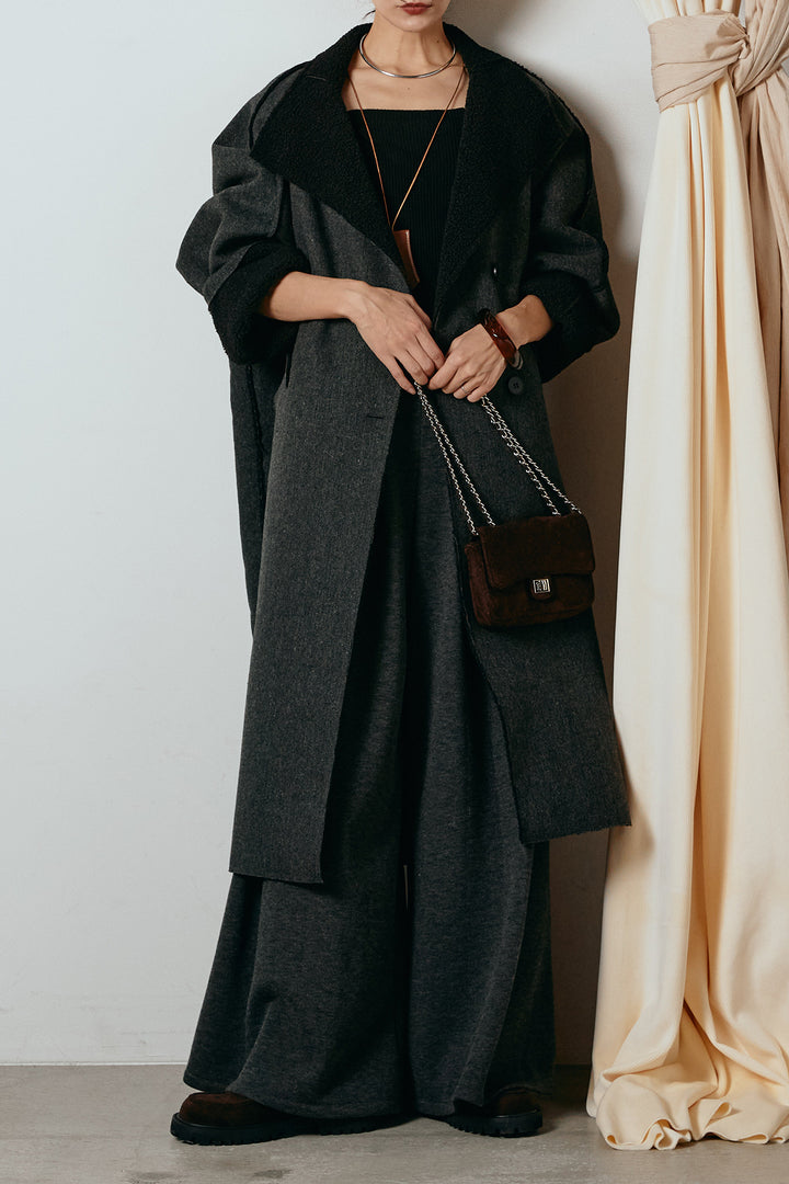 [SET]裏地ボアハイネックロングアウター+フェイクレザー太ベルト付きタックワイドパンツ(2set)