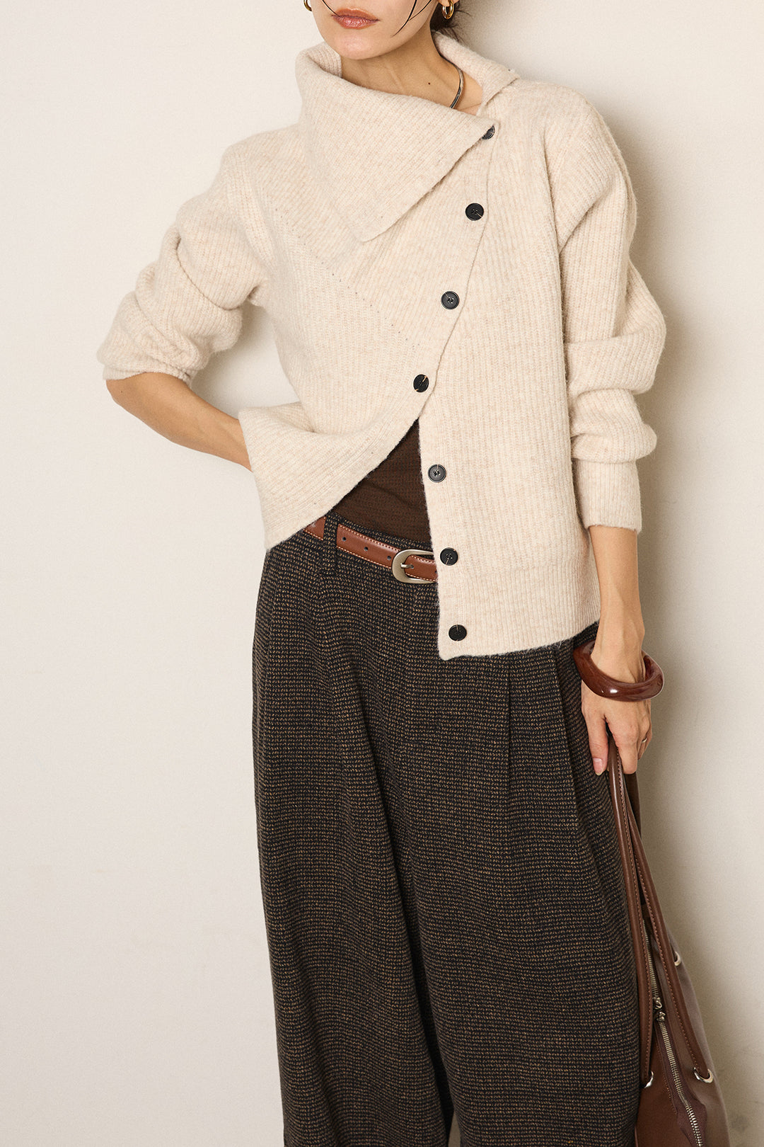 [SET]ボタンデザインネックニットプルオーバー+起毛タック入りツイードワイドパンツ(2set)