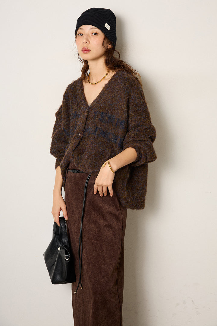 [SET]ウール混透かしロゴニットカーディガン+ロープベルト付きスウェード調スカート(2set)