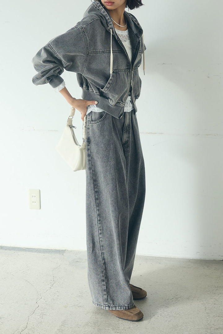 【着回しセット】[SET]デニムダブルジップパーカーブルゾン+デニムタックカーブパンツ+デニムダブルジップパーカーブルゾン(3set)