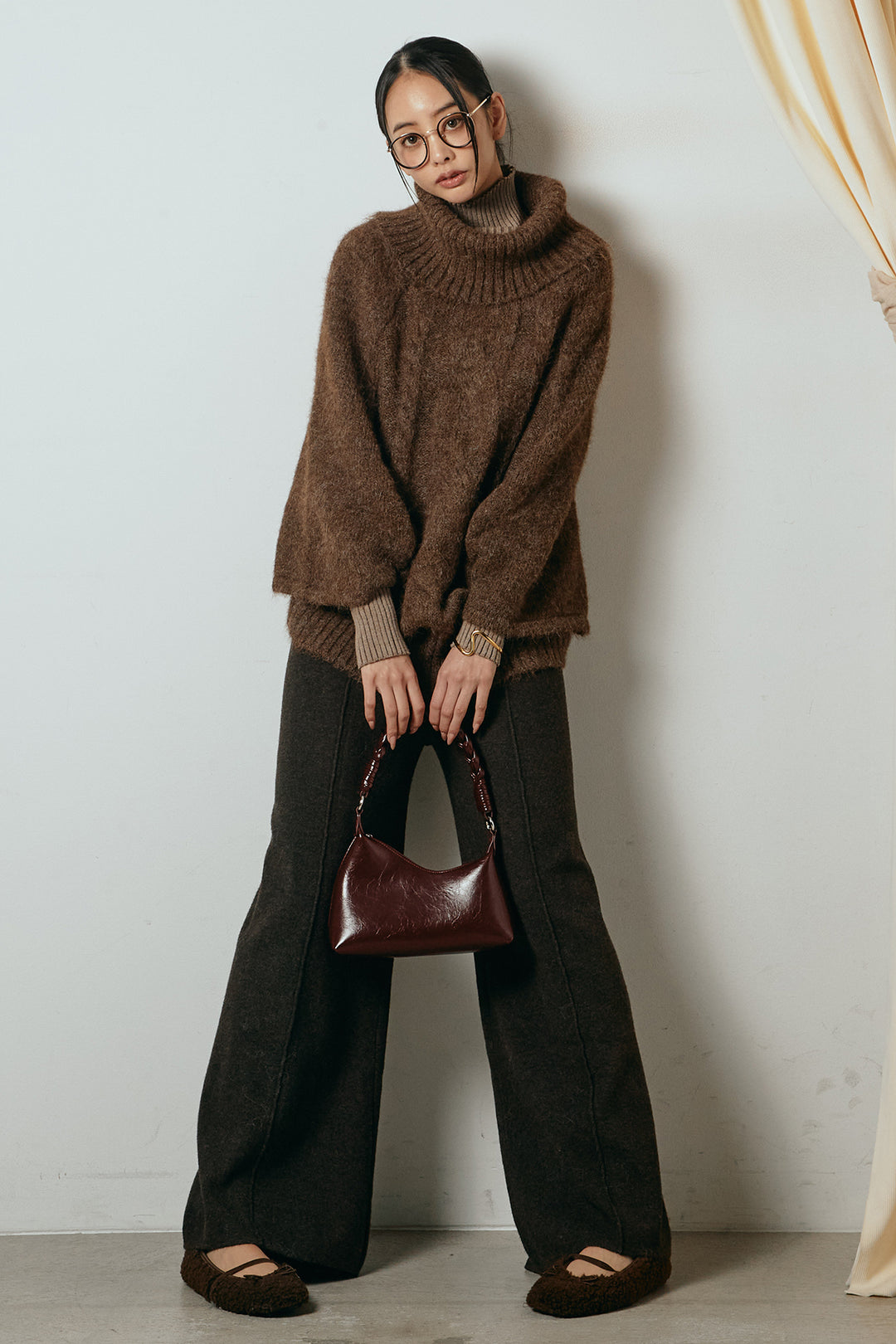 [SET]起毛ミディアムスリーブニットトップス+リブニットシームレスタートルプルオーバー+センターラインニットパンツ(3set)