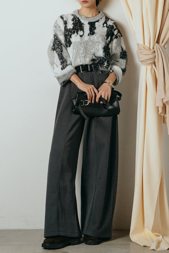 [SET]起毛ニュアンス柄ニットプルオーバー+ファーベルト付きワイドパンツ(2set)