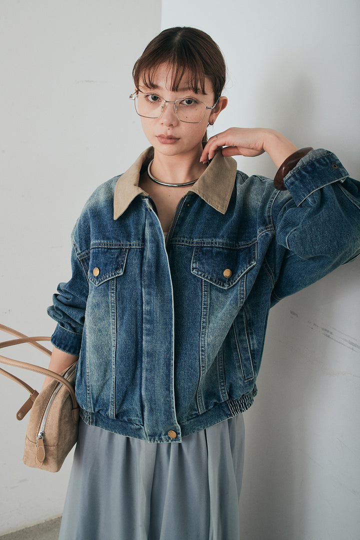 [SET]襟切り替えジップデニムジャケット+リラックスシアーフレアスカート(2set)