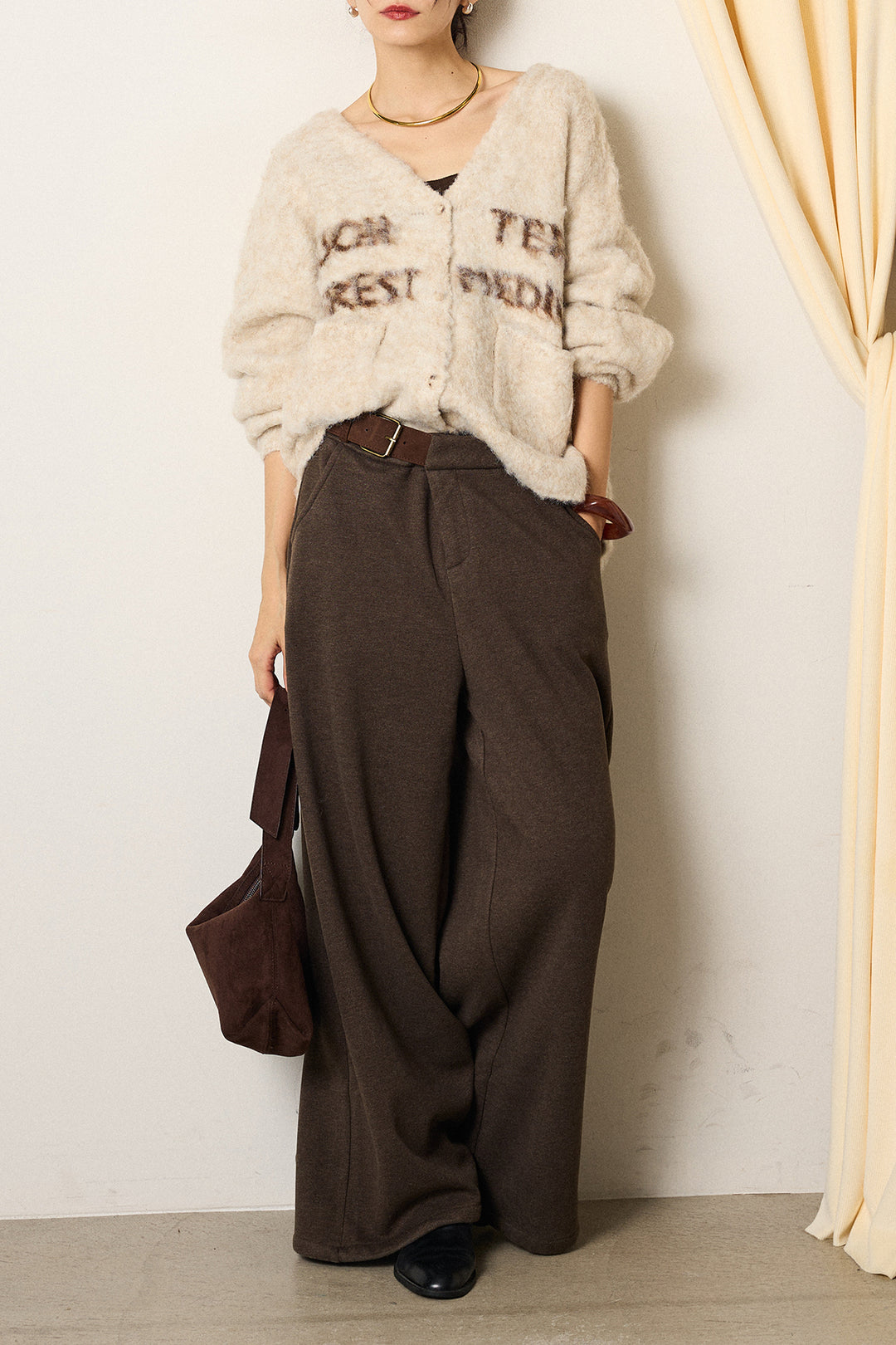 [SET]ウール混透かしロゴニットカーディガン+サイドベルトパンツ(2set)