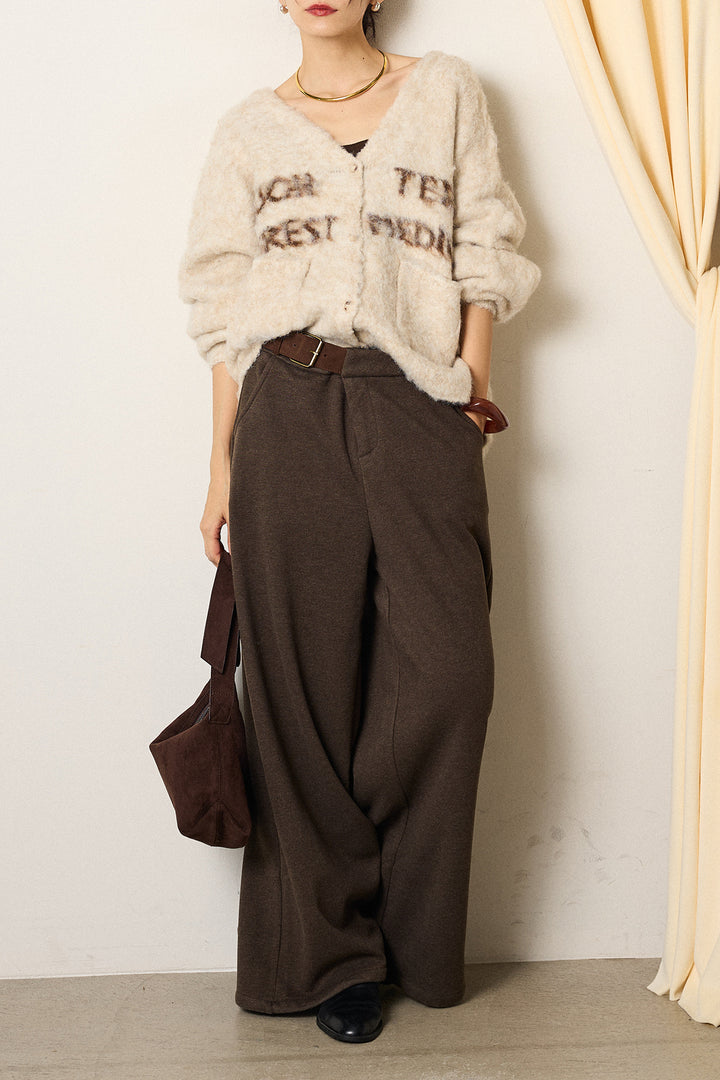 [SET]ウール混透かしロゴニットカーディガン+サイドベルトパンツ(2set)