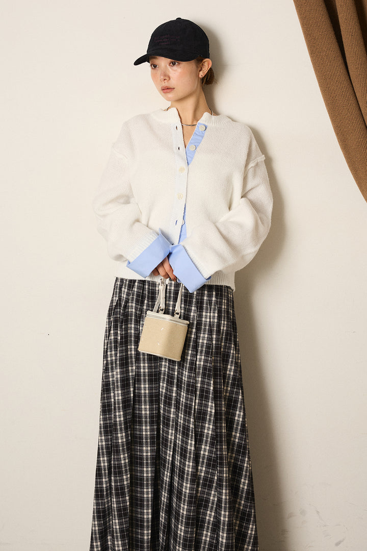 [SET]シャツドッキングニットカーディガン+ベルト付きタータンチェックプリーツスカート(2set)