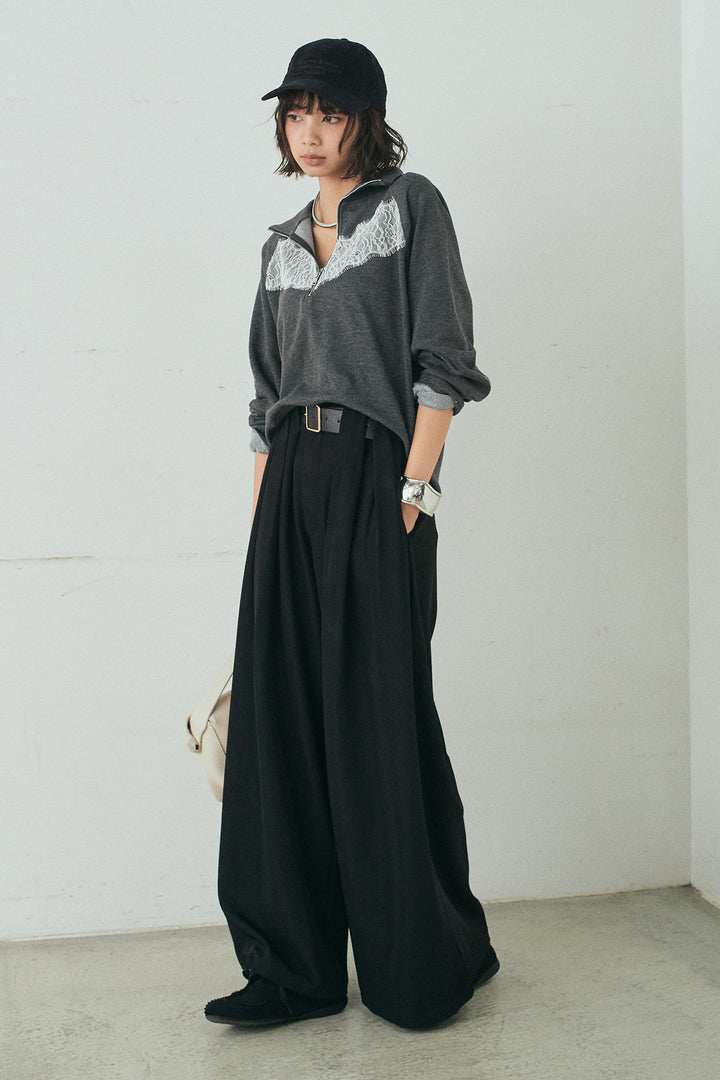 [SET]リバーレースハーフジップ裏毛スウェット+ベルト付きタックデザインハイウエストロングパンツ(2set)