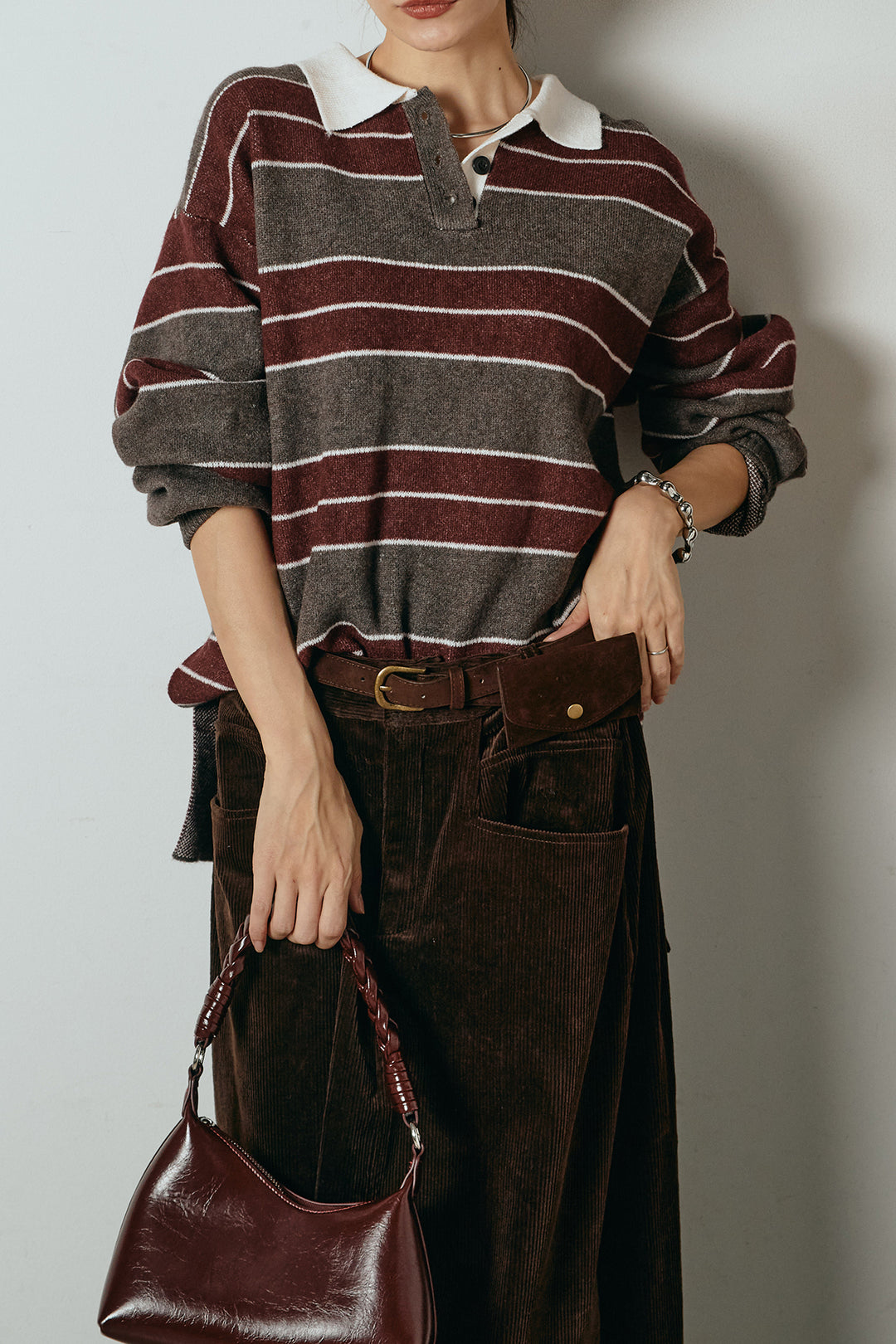 [SET]ラガーニットボーダーポロプルオーバー+ポーチベルト付きコーデュロイワイドスカート(2set)