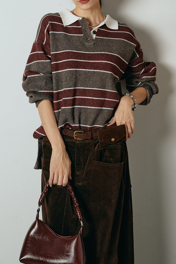 [SET]ラガーニットボーダーポロプルオーバー+ポーチベルト付きコーデュロイワイドスカート(2set)