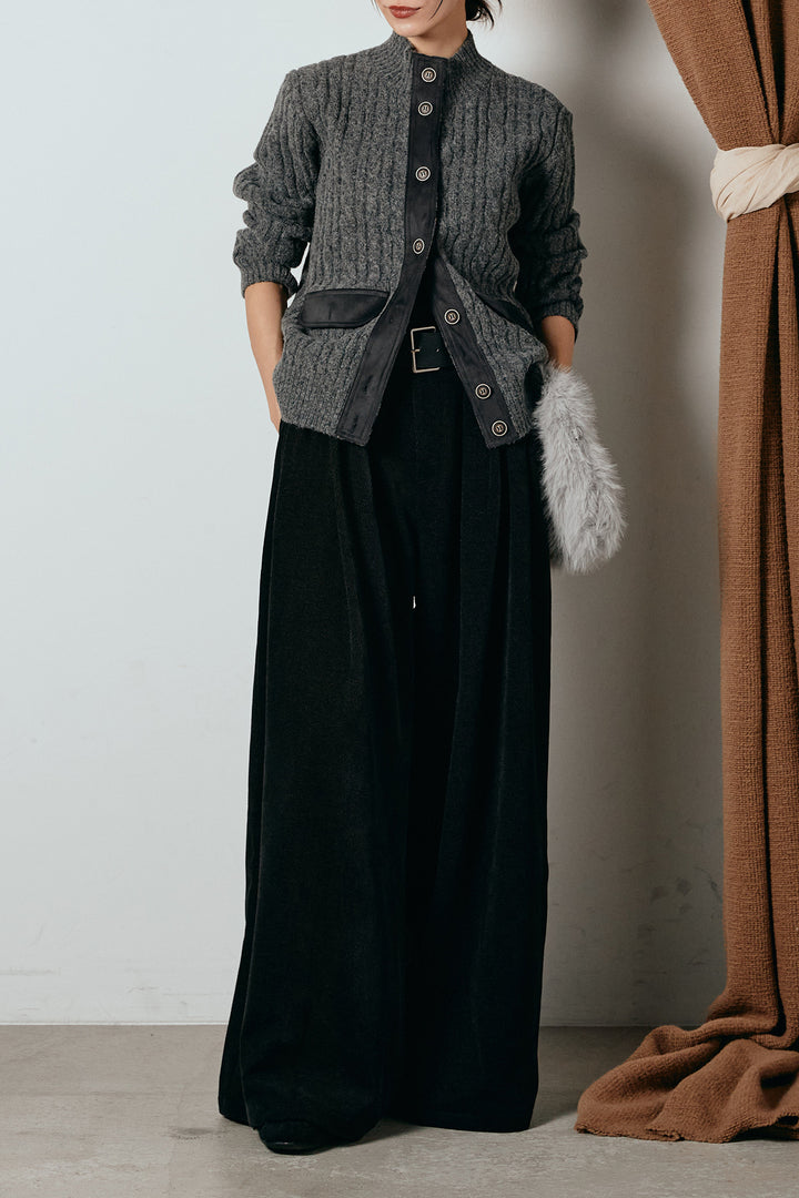 [SET]ボトルネックケーブルニットカーディガン+ベルトループコーデュロイワイドパンツ(2set)