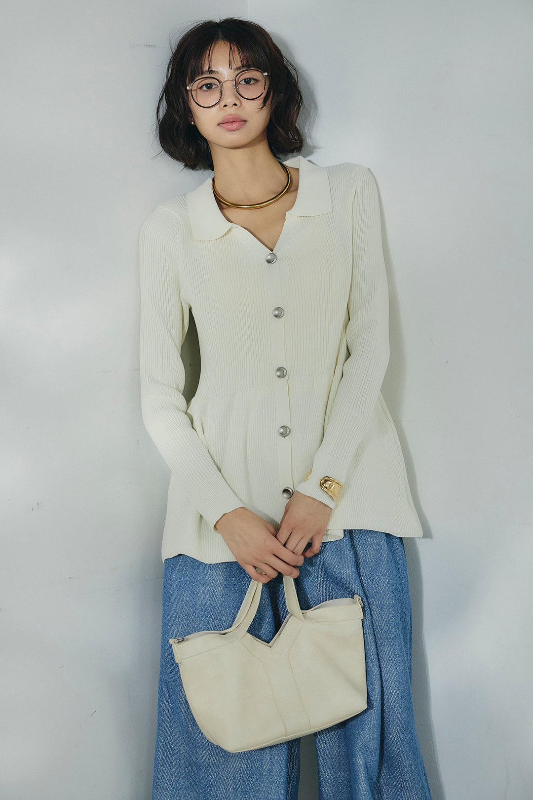 [SET]スキッパーペプラムニット+デニムライクヘリンボーンタックパンツ(2set)