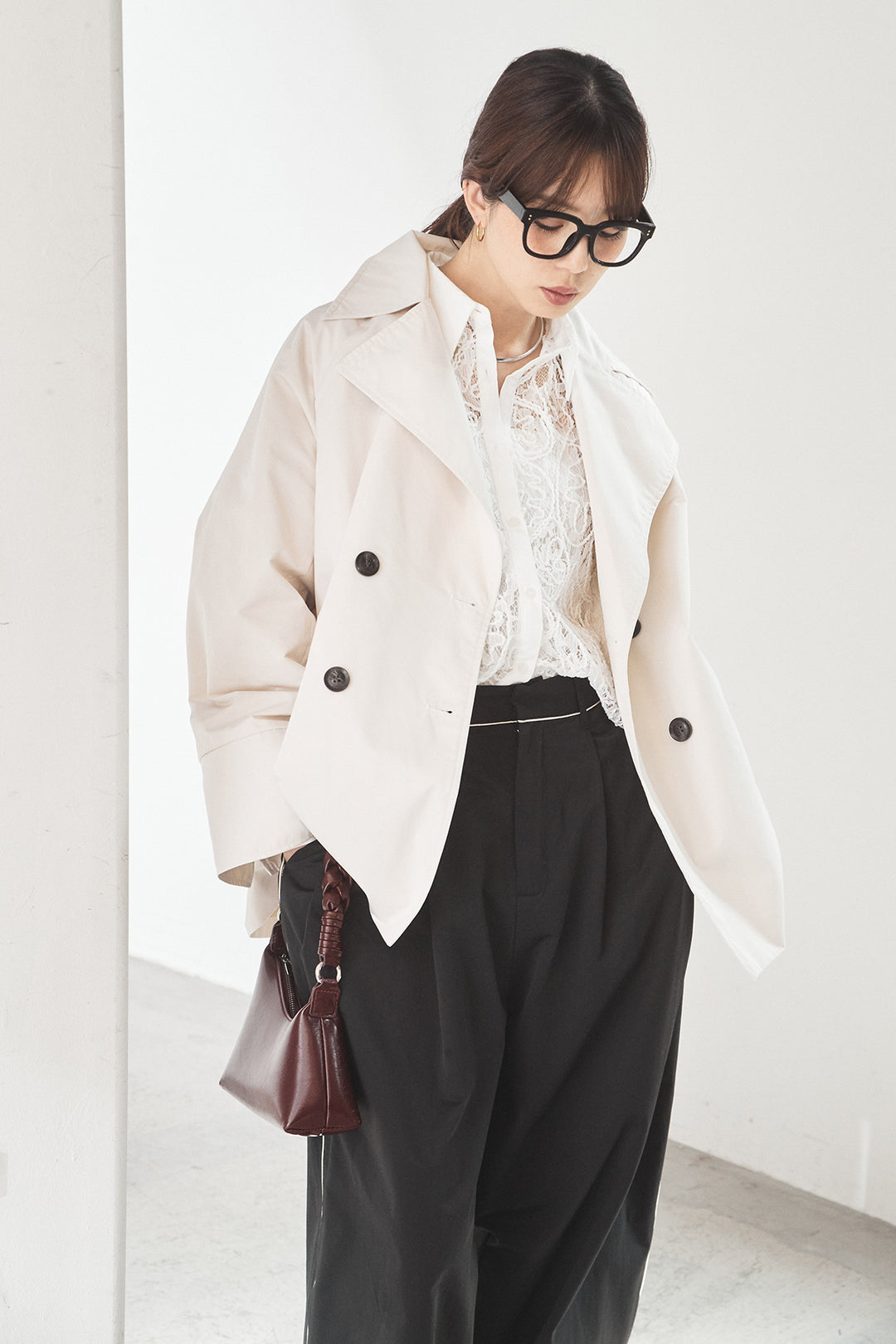 [SET]ナイロントレンチコート+合繊ツイルパイピングタックカーブパンツ(2set)