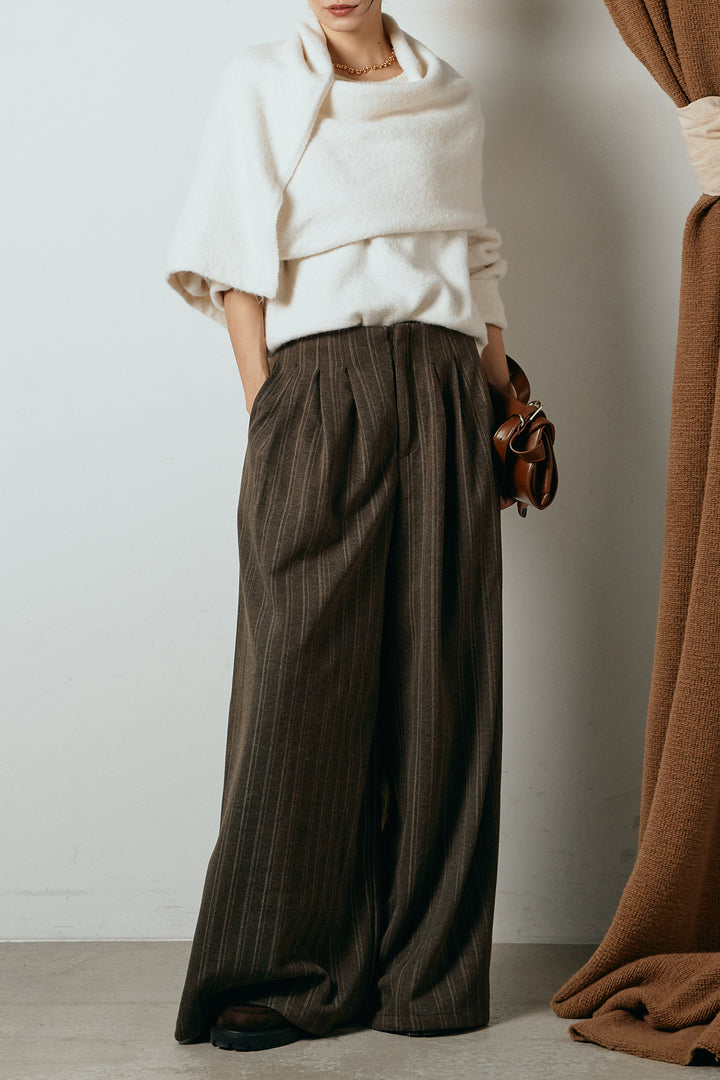 [SET]ネック巻きデザインニットトップス+タック入りマルチストライプ柄ワイドパンツ(2set)