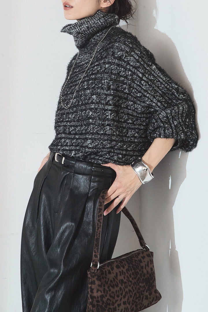 [SET]ミックス編みドルマンニットトップス+ベルト付きレザーライクタックパンツ(2set)