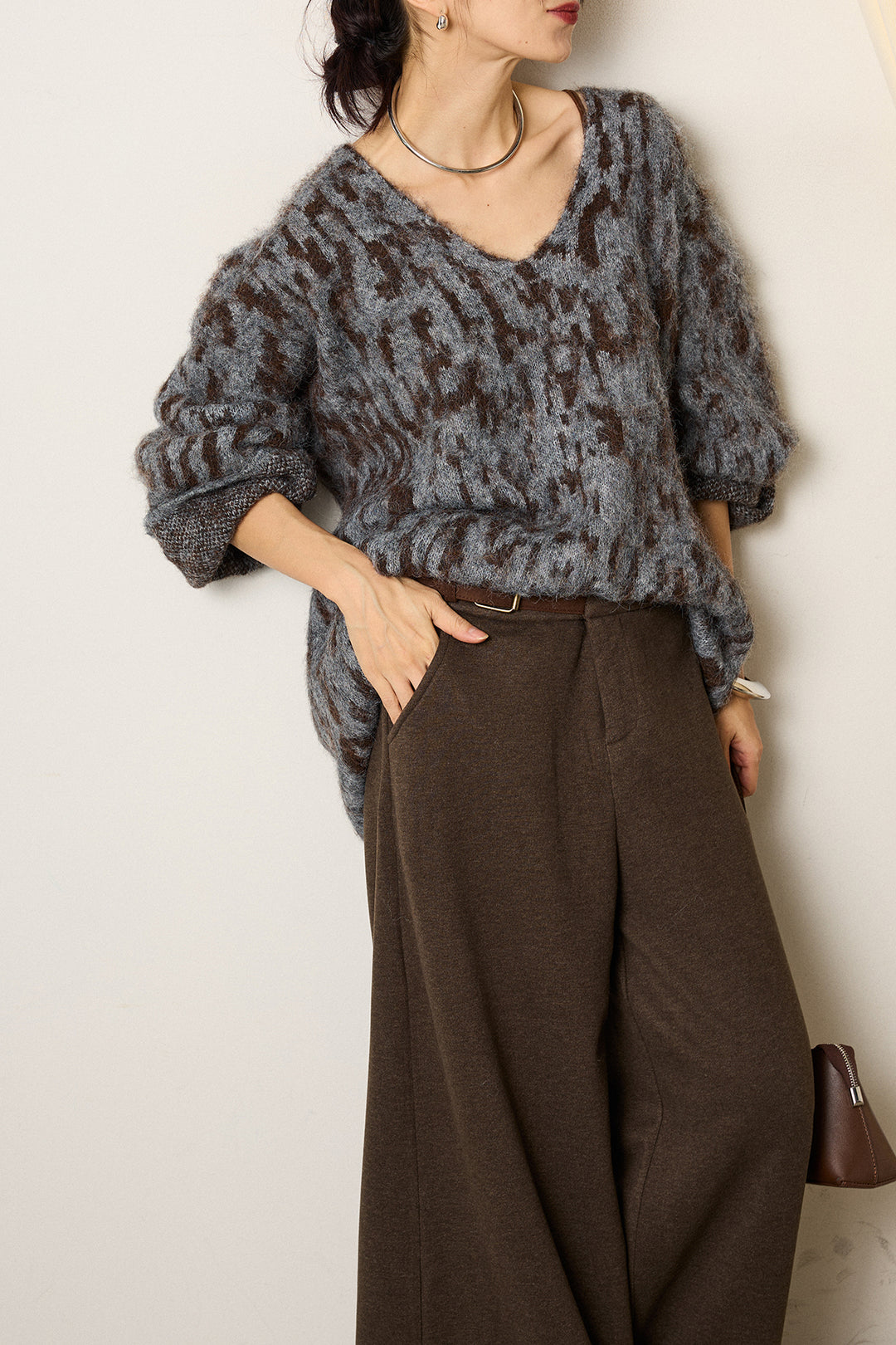 [SET]フラッフィーレオパードシャギーニット+サイドベルトパンツ(2set)