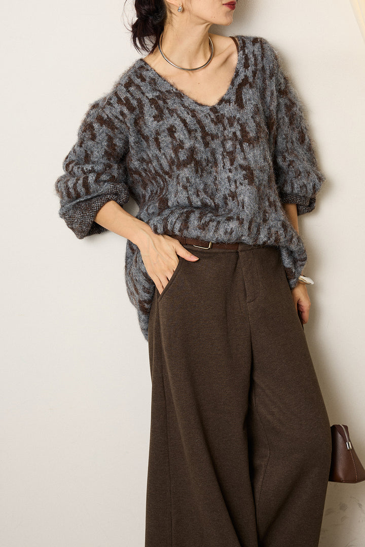 [SET]フラッフィーレオパードシャギーニット+サイドベルトパンツ(2set)