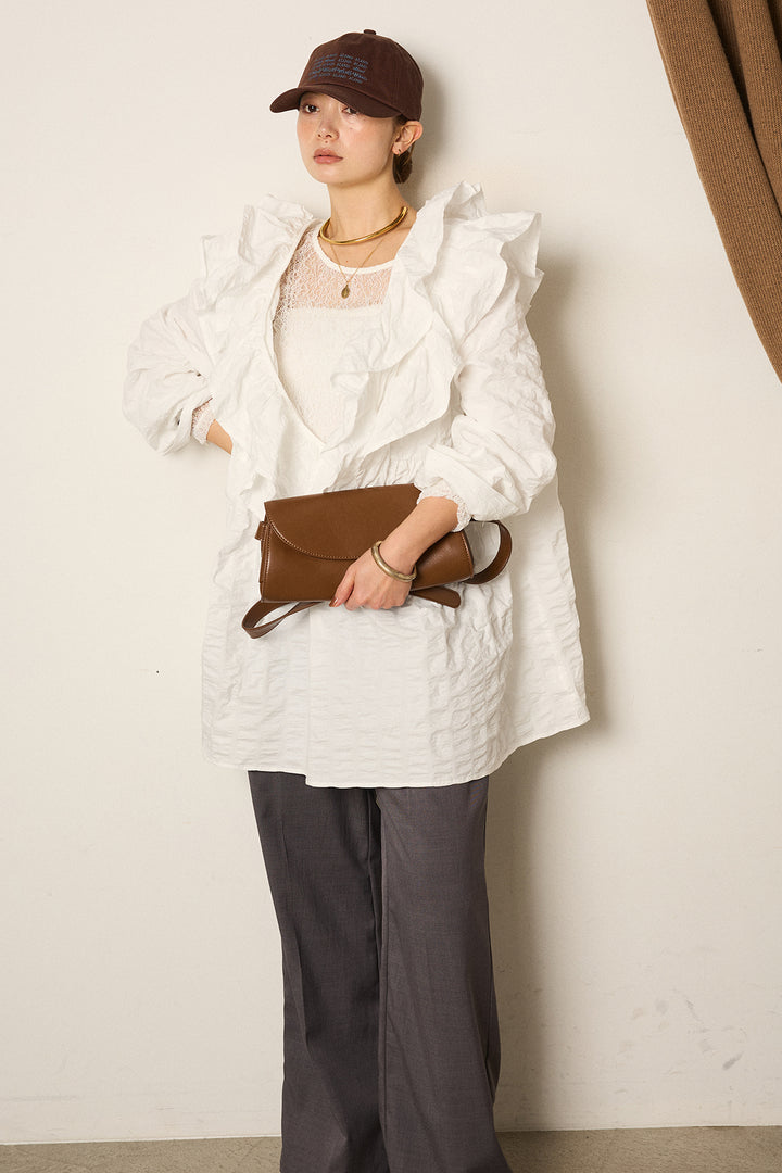 [SET]Vネックフリルカラーブラウス+ストレッチレースクルーネックインナー(2set)