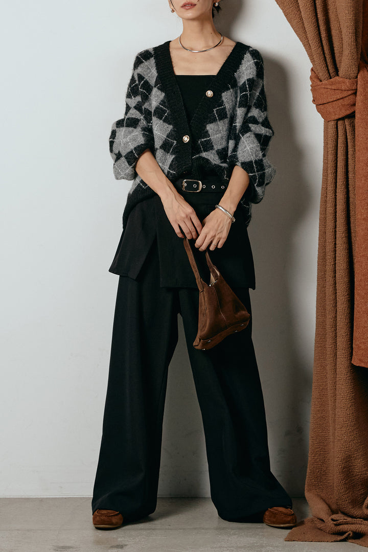 [SET]オーバーサイズ総柄Vネックニットカーディガン+ベルト付きウエストデザインパンツ(2set)