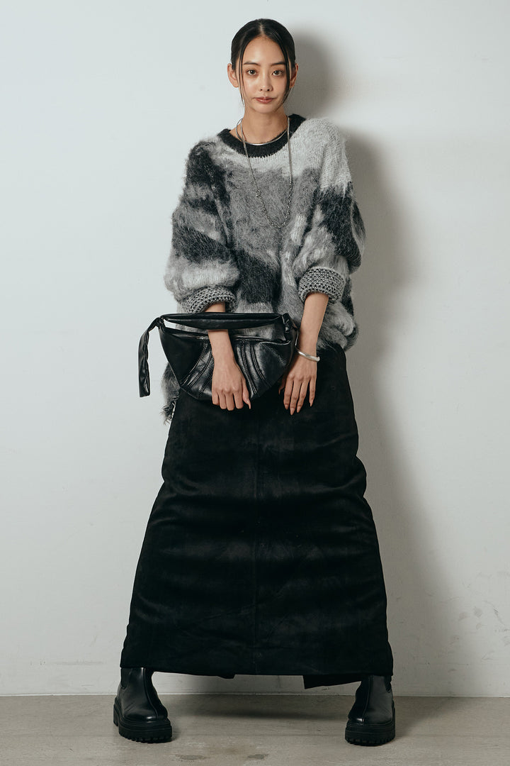 [SET]起毛裾デザインニュアンス柄ニットトップス+エコスウェードワイドスカート(2set)