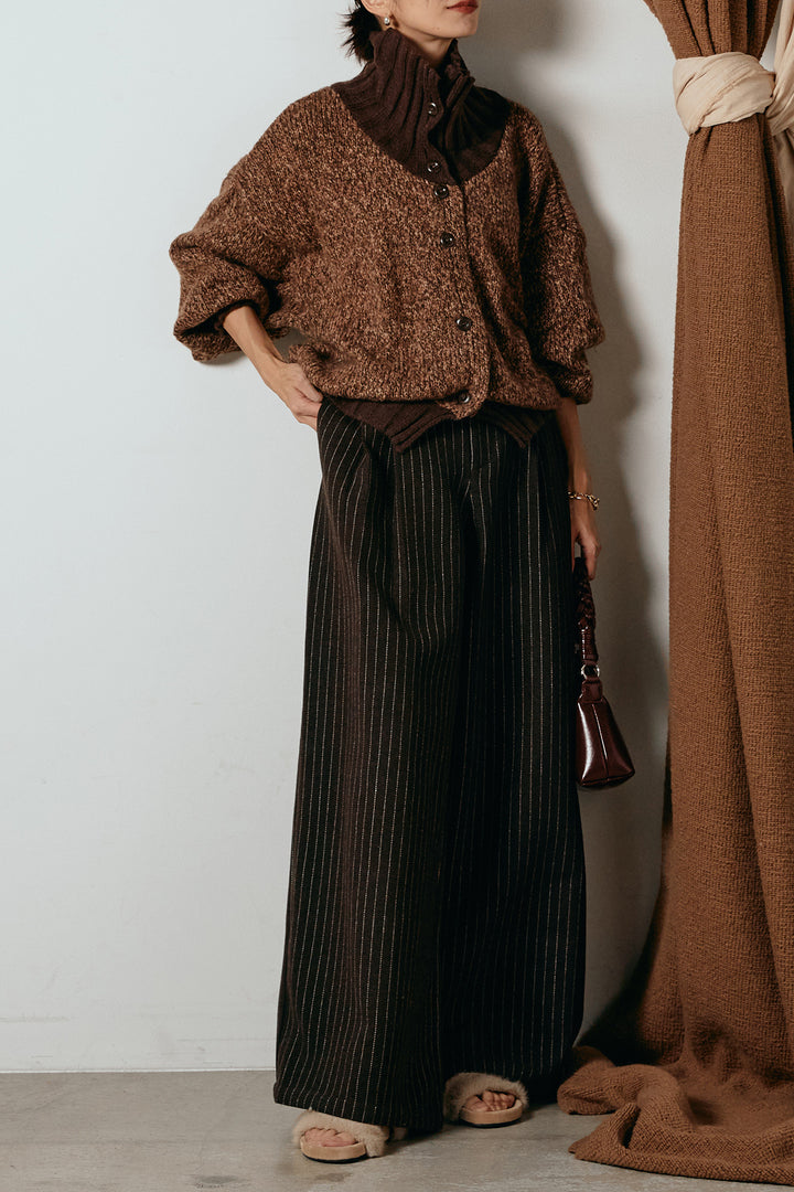 [SET]ハイネックミックスニットカーディガン+ウールライクストライプパンツ(2set)