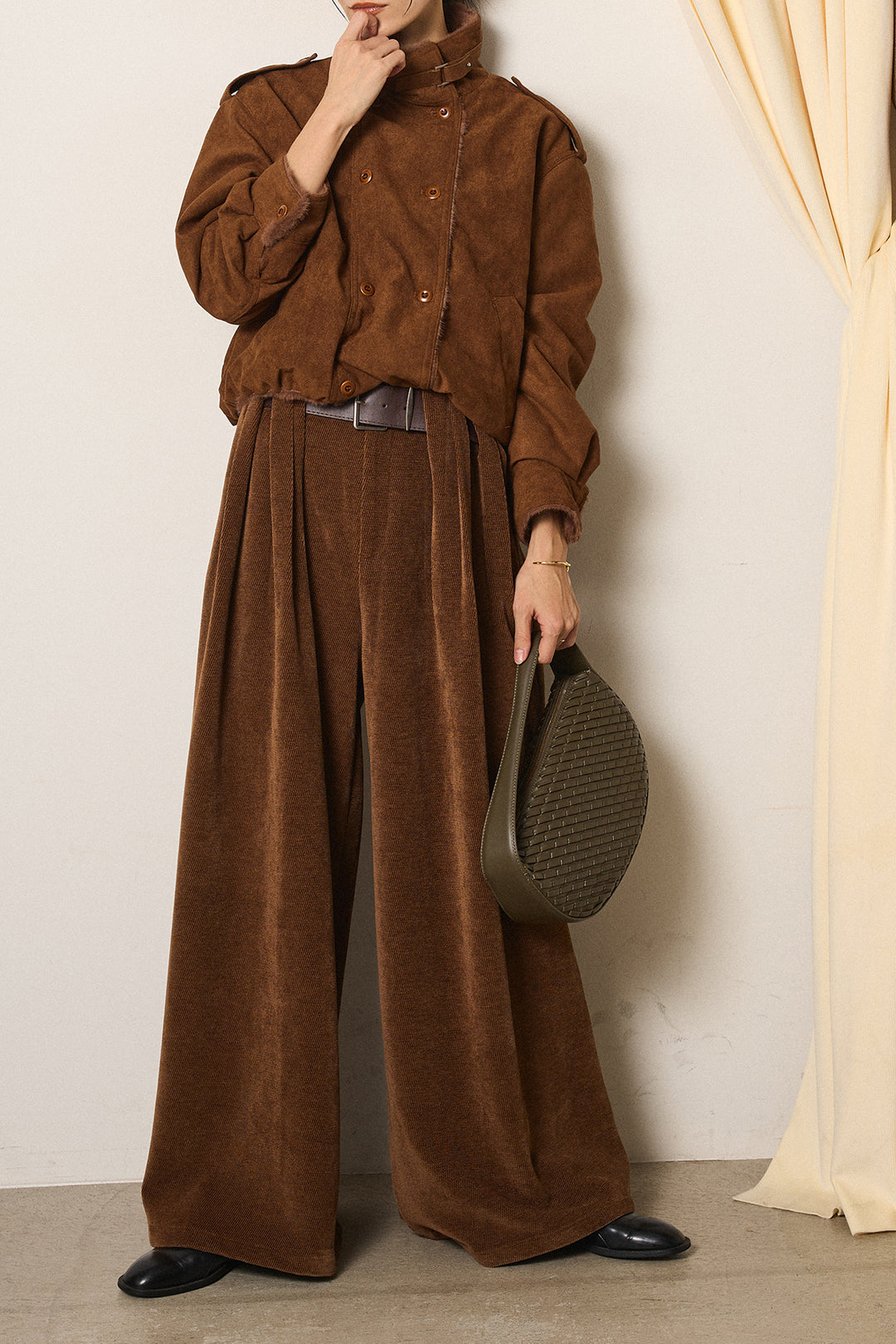 [SET]スタンド襟スウェードライクアウター+ベルトループコーデュロイワイドパンツ(2set)