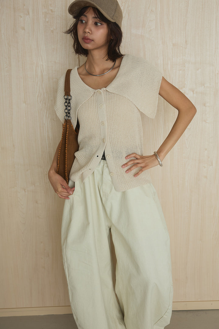 [SET]ビッグカラーボタンニットトップス+ベルト付きカラーデニムパンツ(2set)