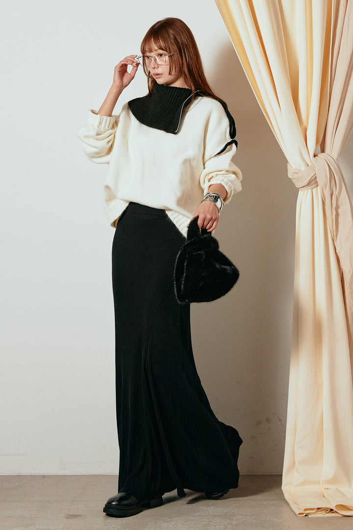 [SET]ハイネックジップデザインニットトップス+サイド切り替えリブニットロングスカート(2set)