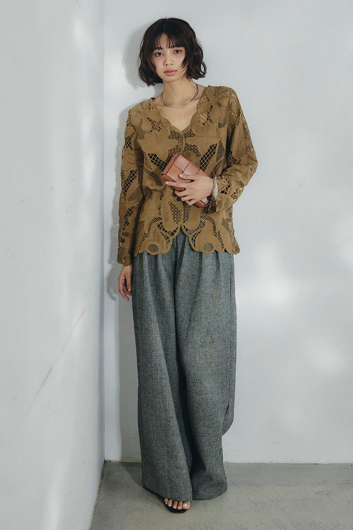 [SET]フラワー刺繍レースブラウス+サイドボタンツイードタックパンツ(2set)