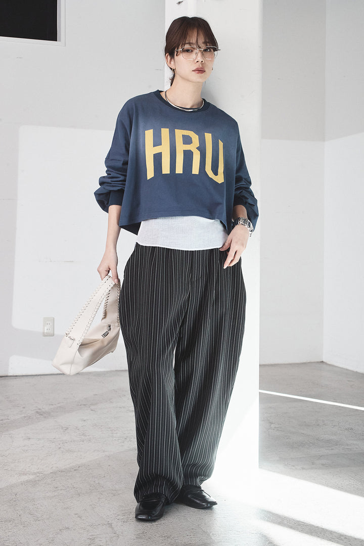 [SET]ビッグロゴHRU袖ボリュームトップス+ヘリンボーンストライプツータックパンツ(2set)